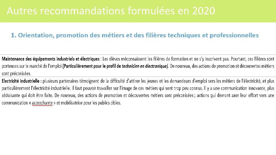 Autres recommandations formulées en 2020 141 