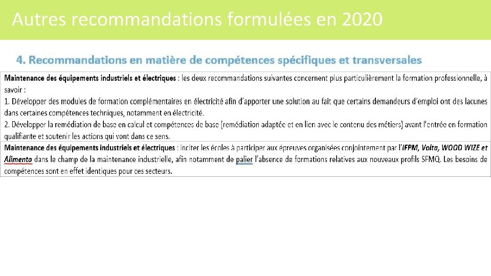 Autres recommandations formulées en 2020 142 