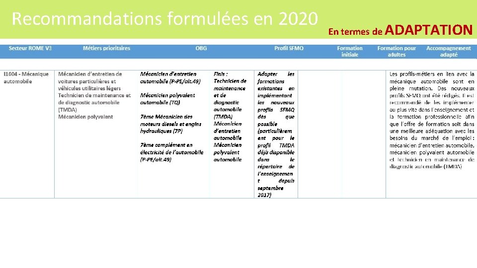 Recommandations formulées en 2020 En termes de ADAPTATION 166 