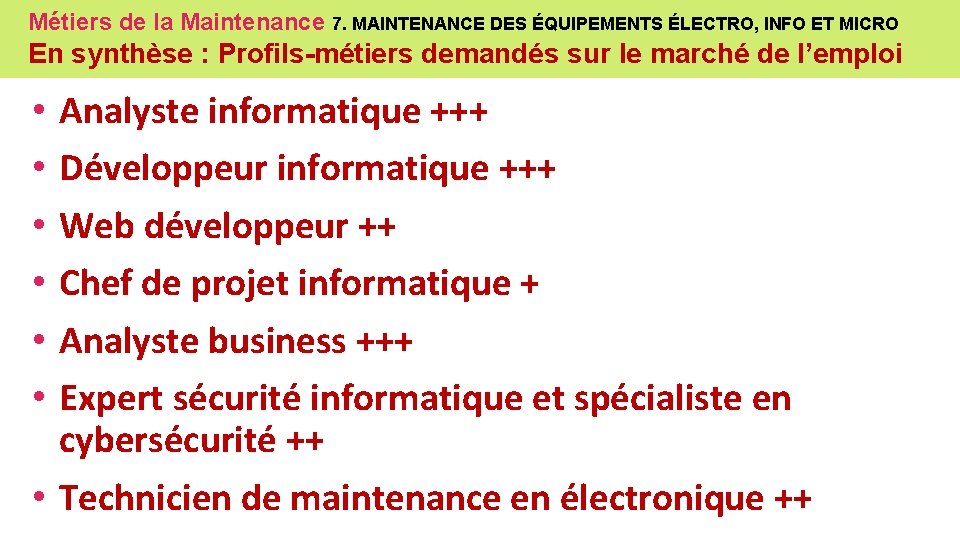 Métiers de la Maintenance 7. MAINTENANCE DES ÉQUIPEMENTS ÉLECTRO, INFO ET MICRO En synthèse