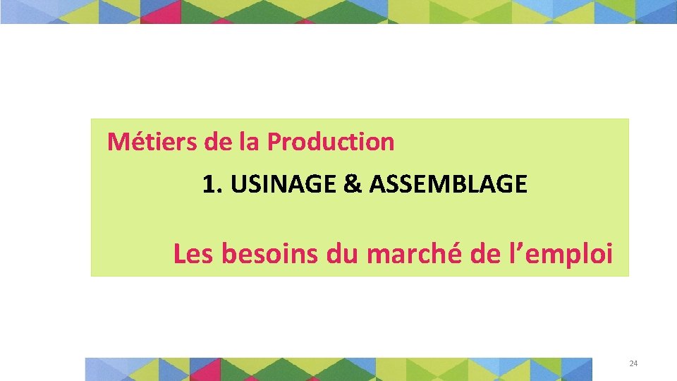 Métiers de la Production 1. USINAGE & ASSEMBLAGE Les besoins du marché de l’emploi