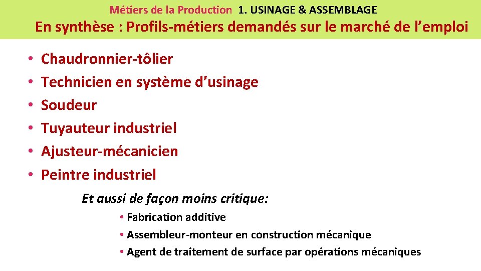 Métiers de la Production 1. USINAGE & ASSEMBLAGE En synthèse : Profils-métiers demandés sur