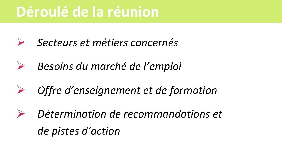 Déroulé de la réunion Ø Secteurs et métiers concernés Ø Besoins du marché de