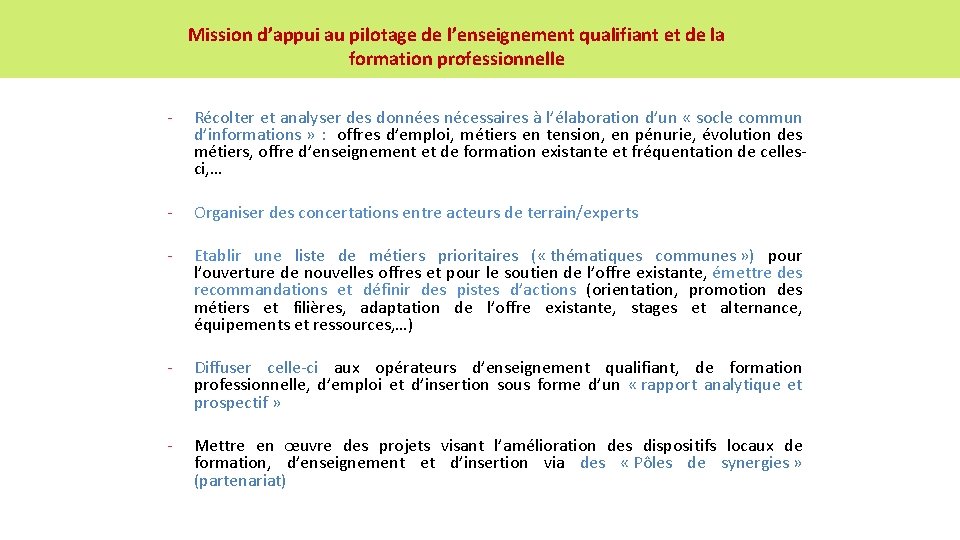 Mission d’appui au pilotage de l’enseignement qualifiant et de la formation professionnelle - Récolter