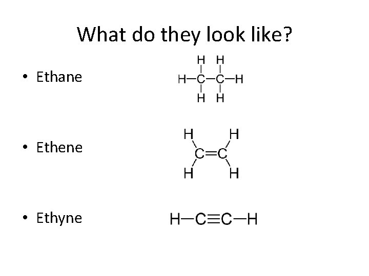 What do they look like? • Ethane • Ethene • Ethyne 