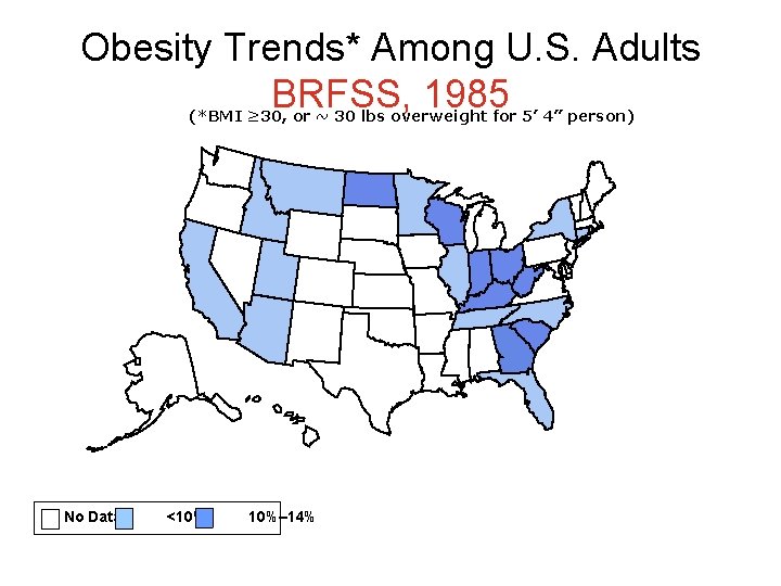 Obesity Trends* Among U. S. Adults BRFSS, 1985 (*BMI ≥ 30, or ~ 30