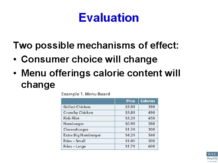 Evaluation Two possible mechanisms of effect: • Consumer choice will change • Menu offerings