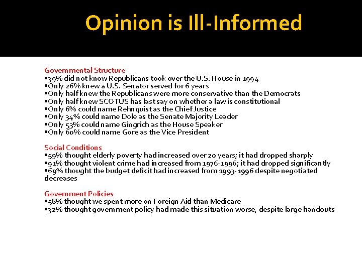 Opinion is Ill-Informed Governmental Structure • 39% did not know Republicans took over the Opinion is Ill-Informed Governmental Structure • 39% did not know Republicans took over the