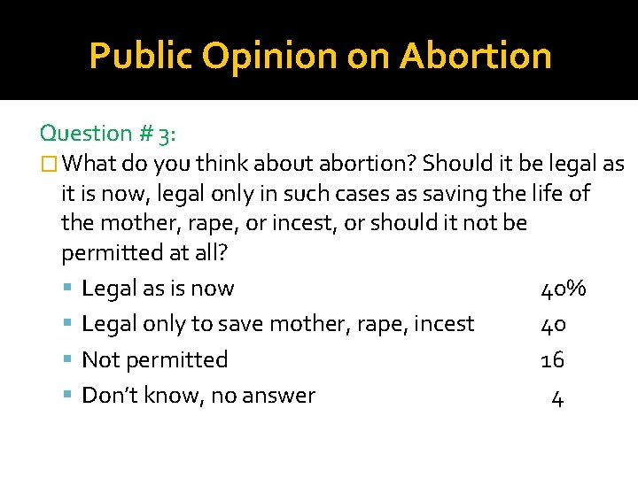 Public Opinion on Abortion Question # 3: � What do you think about abortion? Public Opinion on Abortion Question # 3: � What do you think about abortion?