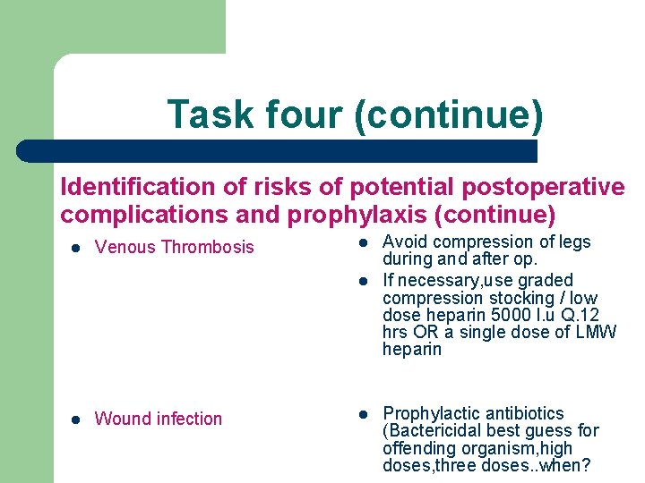 Task four (continue) Identification of risks of potential postoperative complications and prophylaxis (continue) l
