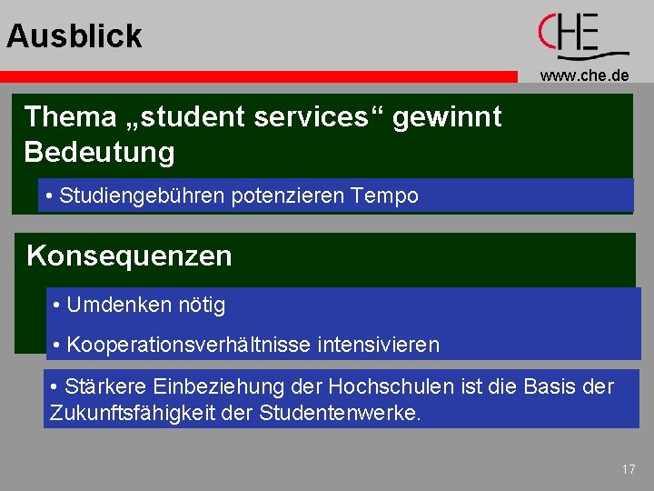 Ausblick www. che. de Thema „student services“ gewinnt Bedeutung • Studiengebühren potenzieren Tempo Konsequenzen