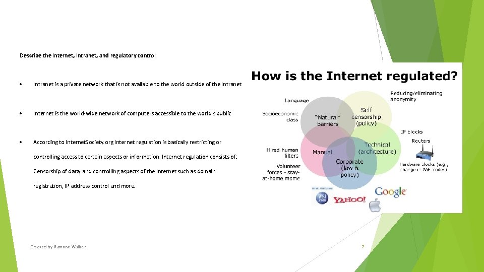 Describe the Internet, Intranet, and regulatory control Intranet is a private network that is