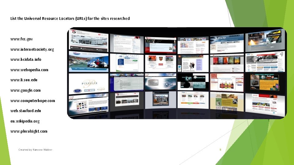 List the Universal Resource Locators (URLs) for the sites researched www. fcc. gov www.