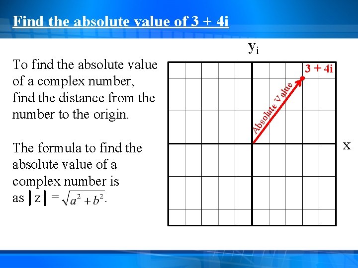Find the absolute value of 3 + 4 i yi The formula to find Find the absolute value of 3 + 4 i yi The formula to find
