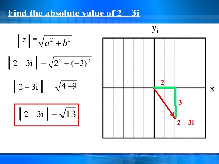 Find the absolute value of 2 – 3 i yi z = 2 – Find the absolute value of 2 – 3 i yi z = 2 –