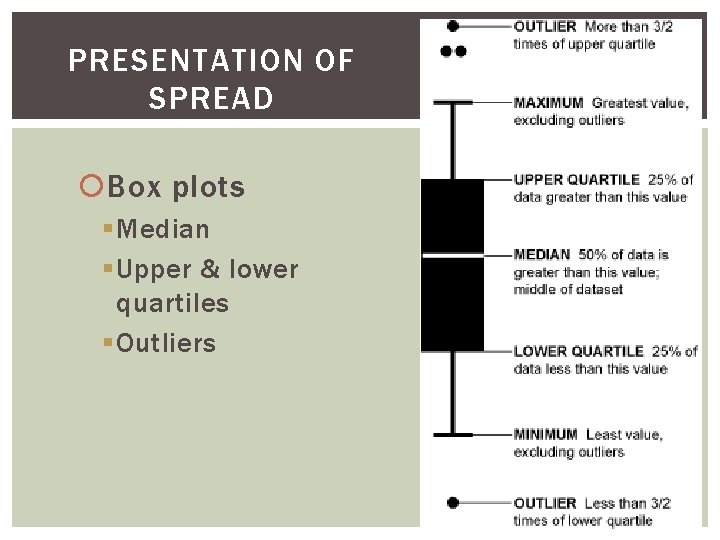 PRESENTATION OF SPREAD Box plots § Median § Upper & lower quartiles § Outliers