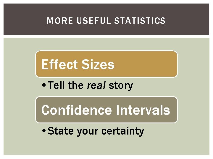 MORE USEFUL STATISTICS Effect Sizes • Tell the real story Confidence Intervals • State