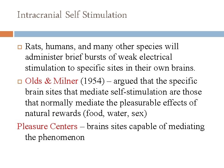 Intracranial Self Stimulation Rats, humans, and many other species will administer brief bursts of