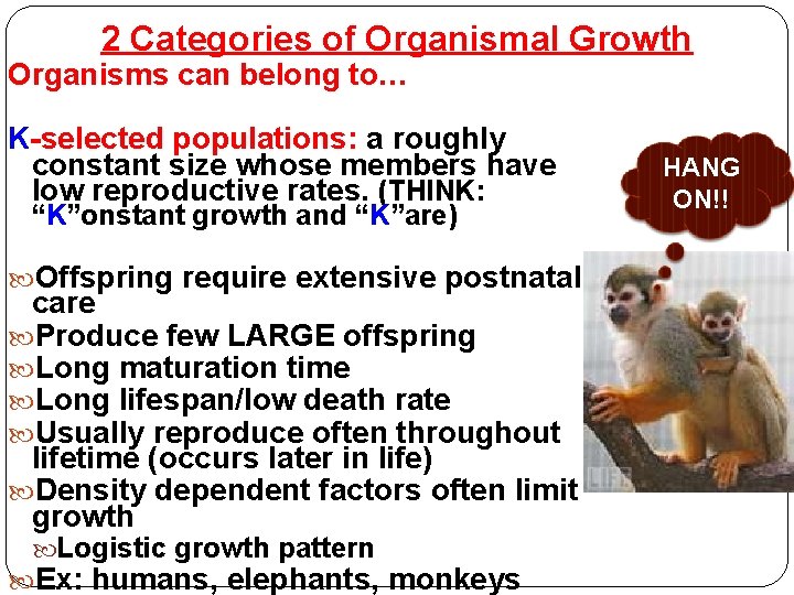 2 Categories of Organismal Growth Organisms can belong to… K-selected populations: a roughly constant