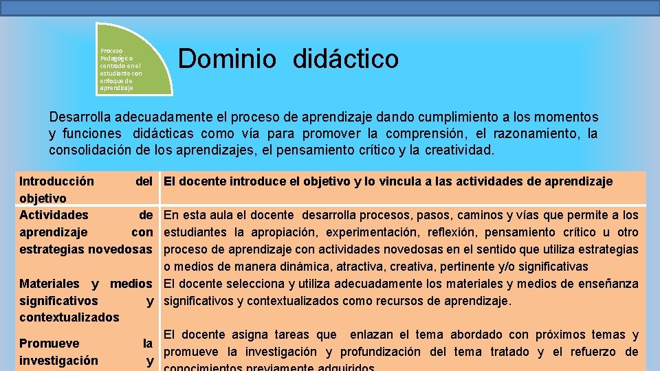 Proceso Pedagógico centrado en el estudiante con enfoque de aprendizaje Dominio didáctico Desarrolla adecuadamente