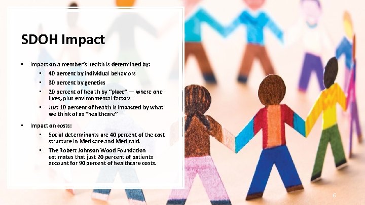 SDOH Impact • Impact on a member’s health is determined by: • 40 percent