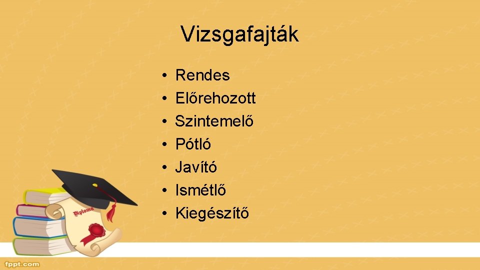 Vizsgafajták • • Rendes Előrehozott Szintemelő Pótló Javító Ismétlő Kiegészítő 