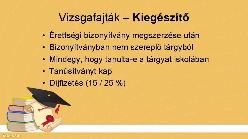 Vizsgafajták – Kiegészítő • • • Érettségi bizonyítvány megszerzése után Bizonyítványban nem szereplő tárgyból