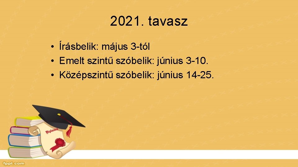 2021. tavasz • Írásbelik: május 3 -tól • Emelt szintű szóbelik: június 3 -10.