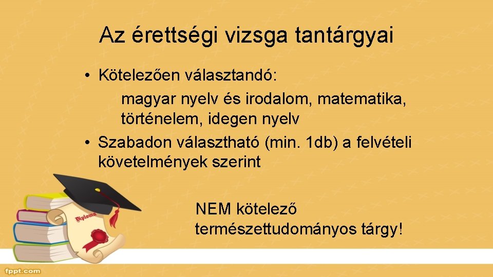 Az érettségi vizsga tantárgyai • Kötelezően választandó: magyar nyelv és irodalom, matematika, történelem, idegen