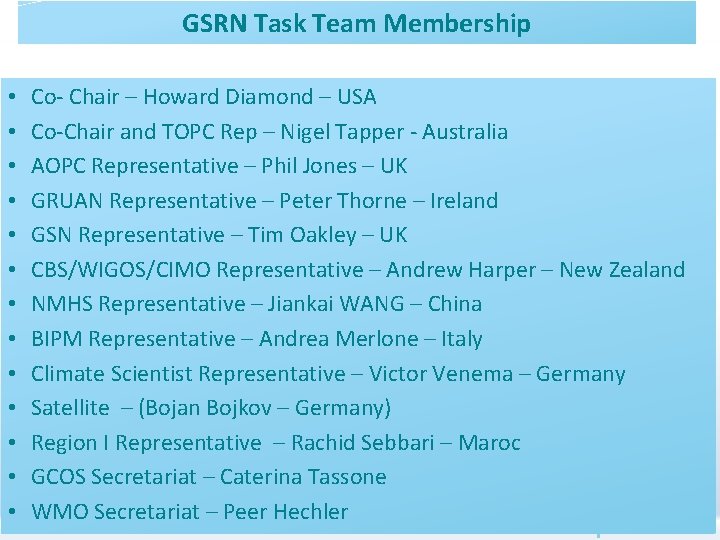 GSRN Task Team Membership • • • • Co- Chair – Howard Diamond –