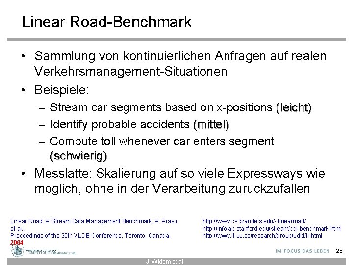 Linear Road-Benchmark • Sammlung von kontinuierlichen Anfragen auf realen Verkehrsmanagement-Situationen • Beispiele: – Stream