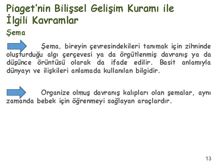 Piaget’nin Bilişsel Gelişim Kuramı ile İlgili Kavramlar Şema, bireyin çevresindekileri tanımak için zihninde oluşturduğu