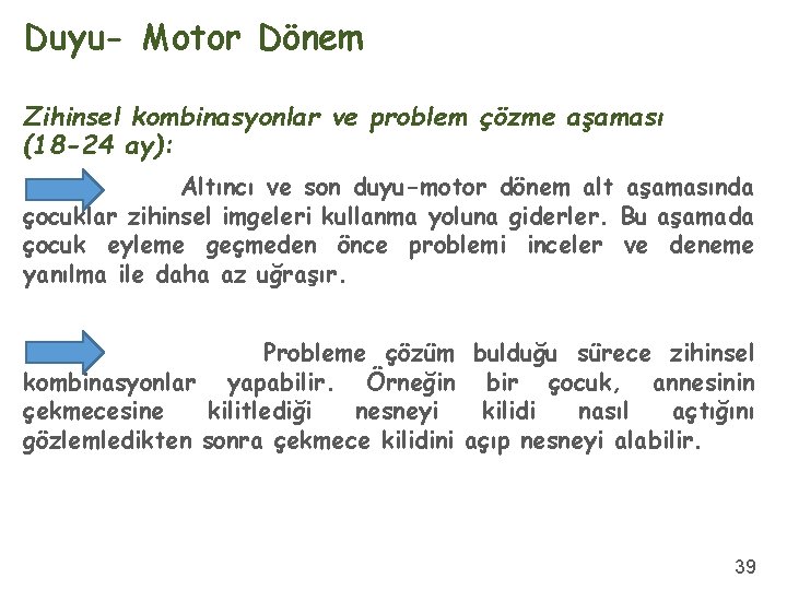 Duyu- Motor Dönem Zihinsel kombinasyonlar ve problem çözme aşaması (18 -24 ay): Altıncı ve