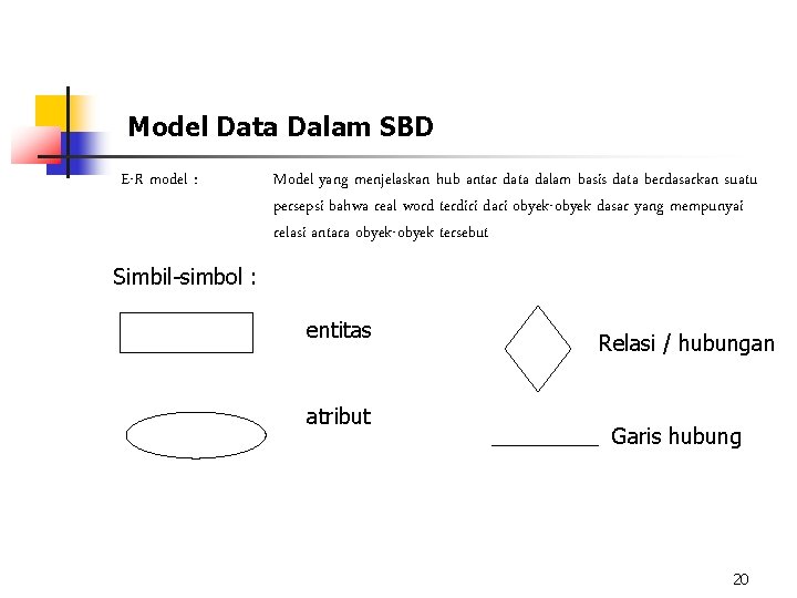 Model Data Dalam SBD E-R model : Model yang menjelaskan hub antar data dalam