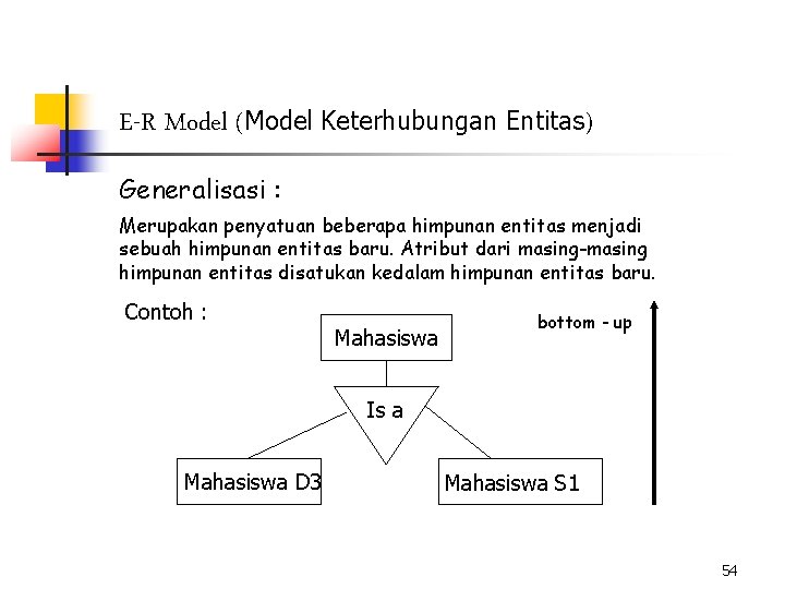 E-R Model (Model Keterhubungan Entitas) Generalisasi : Merupakan penyatuan beberapa himpunan entitas menjadi sebuah