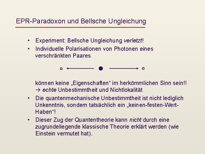 EPR-Paradoxon und Bellsche Ungleichung • Experiment: Bellsche Ungleichung verletzt! • Individuelle Polarisationen von Photonen