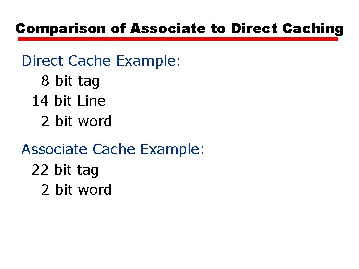 Comparison of Associate to Direct Caching Direct Cache Example: 8 bit tag 14 bit