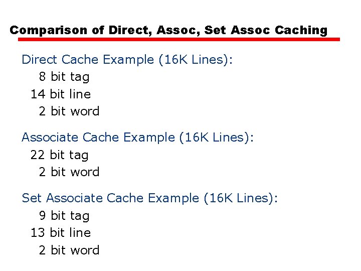Comparison of Direct, Assoc, Set Assoc Caching Direct Cache Example (16 K Lines): 8