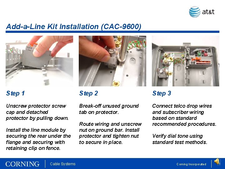 Add-a-Line Kit Installation (CAC-9600) Step 1 Step 2 Step 3 Unscrew protector screw cap