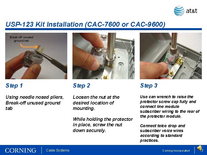 USP-123 Kit Installation (CAC-7600 or CAC-9600) Break-off unused ground tab Step 1 Step 2