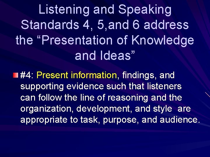 Listening and Speaking Standards 4, 5, and 6 address the “Presentation of Knowledge and