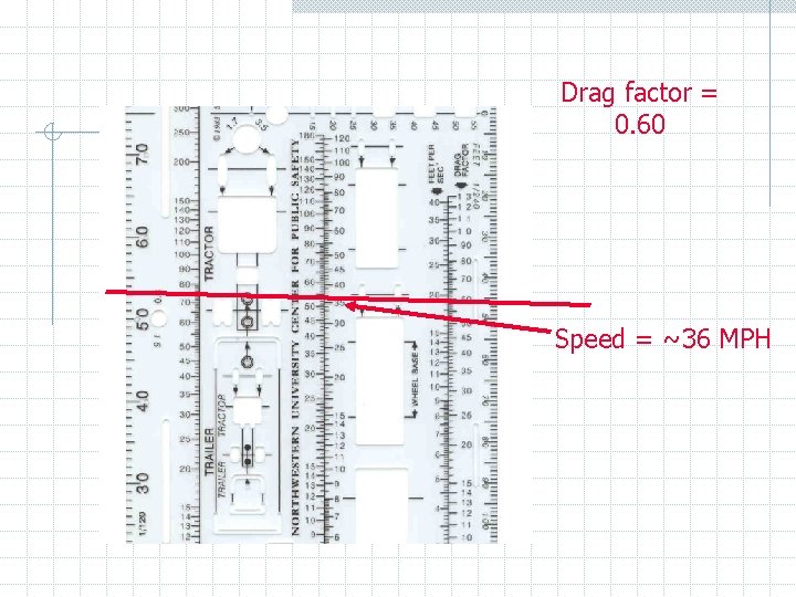 Drag factor = 0. 60 Speed = ~36 MPH 