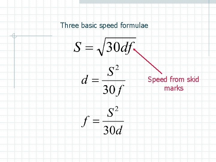 Three basic speed formulae Speed from skid marks 