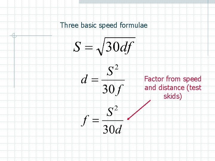 Three basic speed formulae Factor from speed and distance (test skids) 