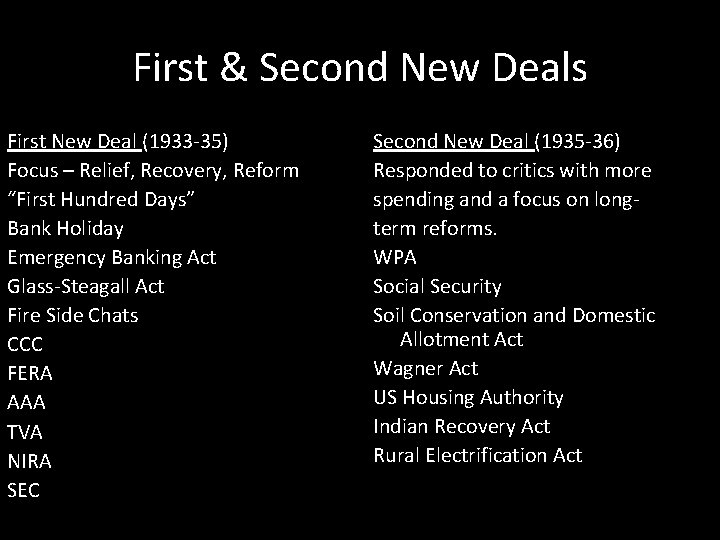 First & Second New Deals First New Deal (1933 -35) Focus – Relief, Recovery,