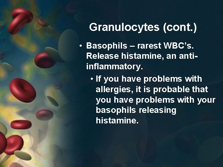 Granulocytes (cont. ) • Basophils – rarest WBC’s. Release histamine, an antiinflammatory. • If