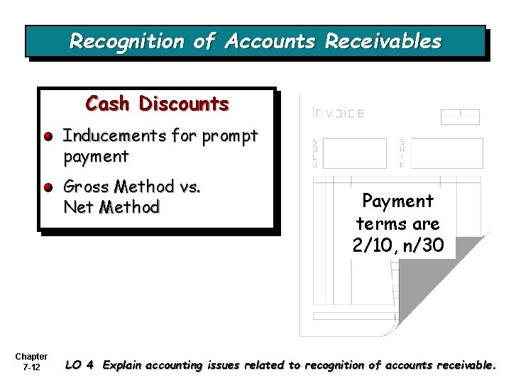 Recognition of Accounts Receivables Cash Discounts Inducements for prompt payment Gross Method vs. Net