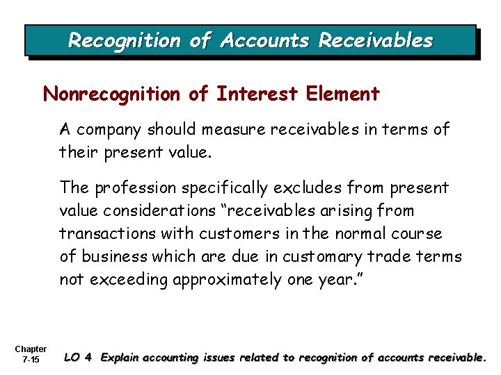 Recognition of Accounts Receivables Nonrecognition of Interest Element A company should measure receivables in