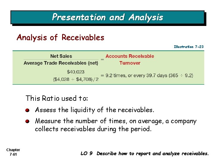 Presentation and Analysis of Receivables Illustration 7 -23 This Ratio used to: Assess the