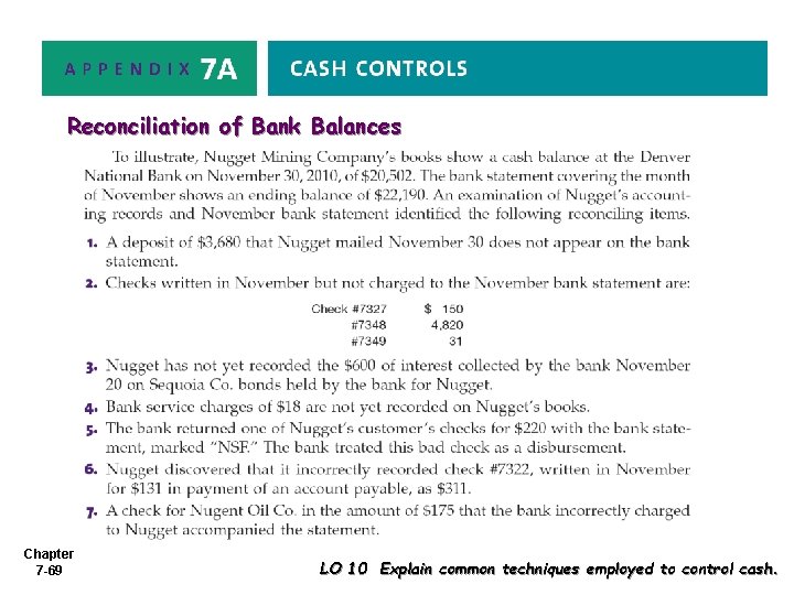 Reconciliation of Bank Balances Chapter 7 -69 LO 10 Explain common techniques employed to